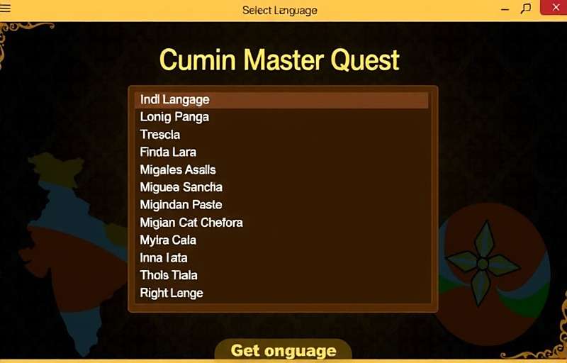 Cumin Master Quest - Multilingual Support Cumin Master Quest interface showing language selection screen with various Indian languages options
